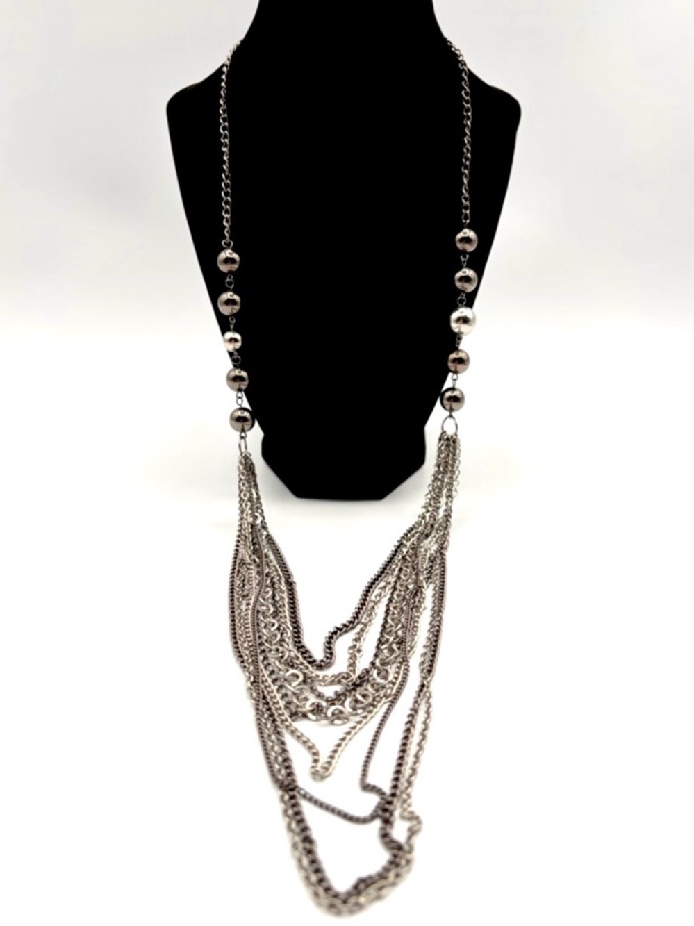Gunmetal Layered Chain Fringe Necklace Statement Multi Strand Edgy